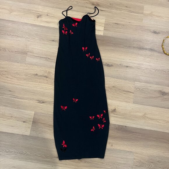 Vintage 90s Alyn Paige Dress Black Red Butterflies Bodycon Maxi Gown Size 3/4 - Picture 3 of 6